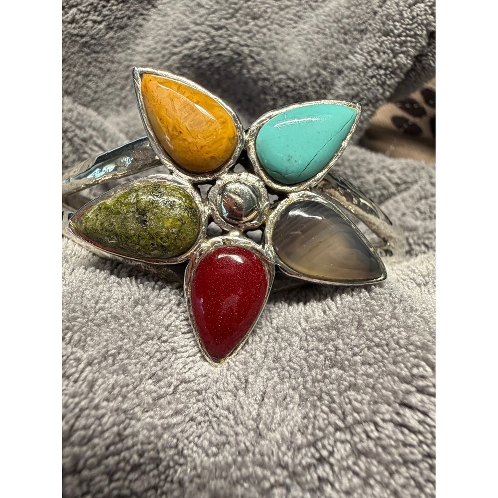 Barse Vintage Sterling Silver Multi Gemstone Flower Cuff 925 - Picture 6 of 16